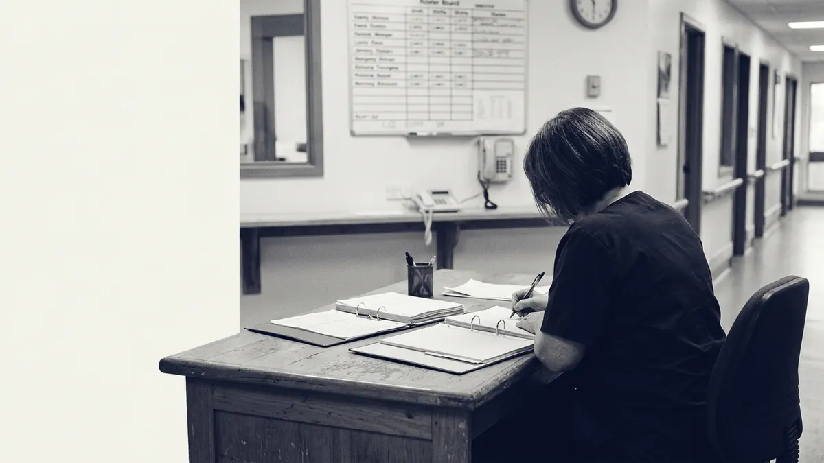 A care coordinator completing paperwork at a desk beneath a roster board in a residential corridor