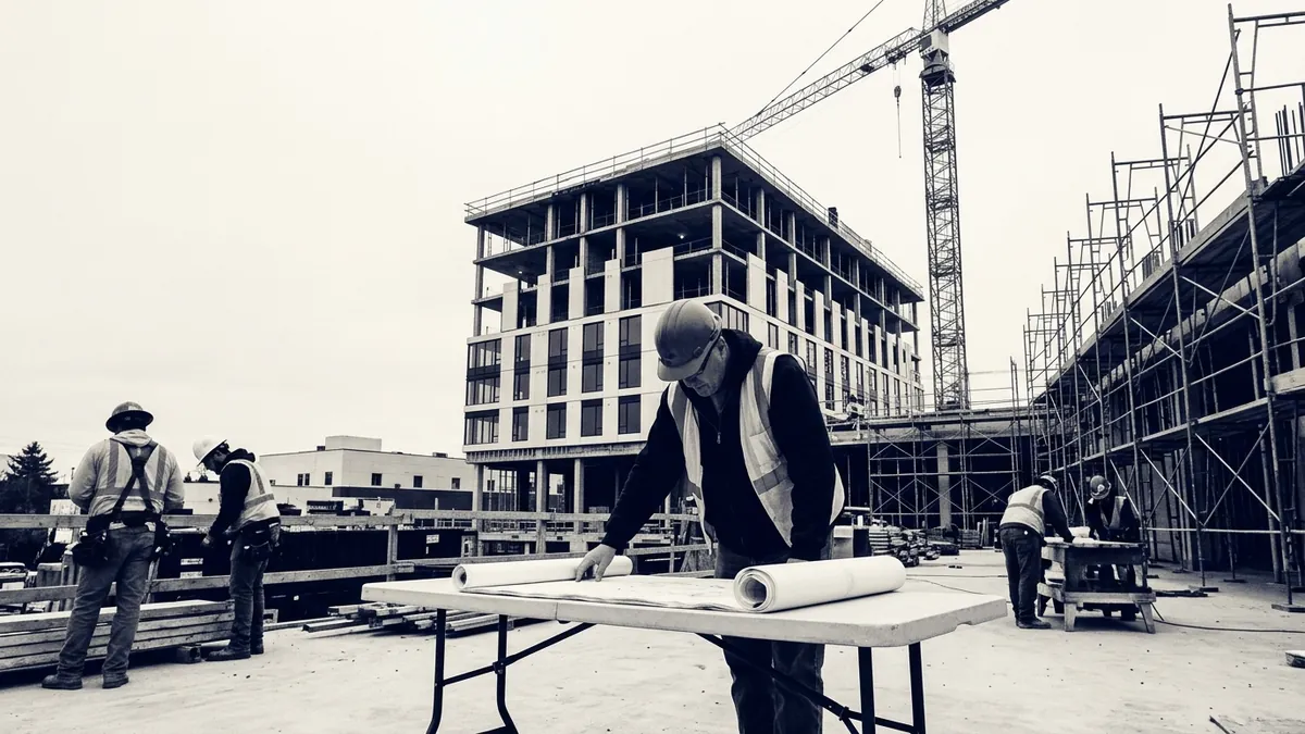 A project manager reviewing drawings on a folding table in front of a mid-rise structure under construction