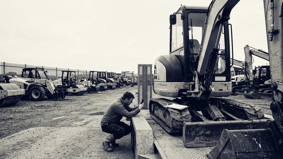A hire technician photographing an excavator on a low-loader during an off-hire inspection
