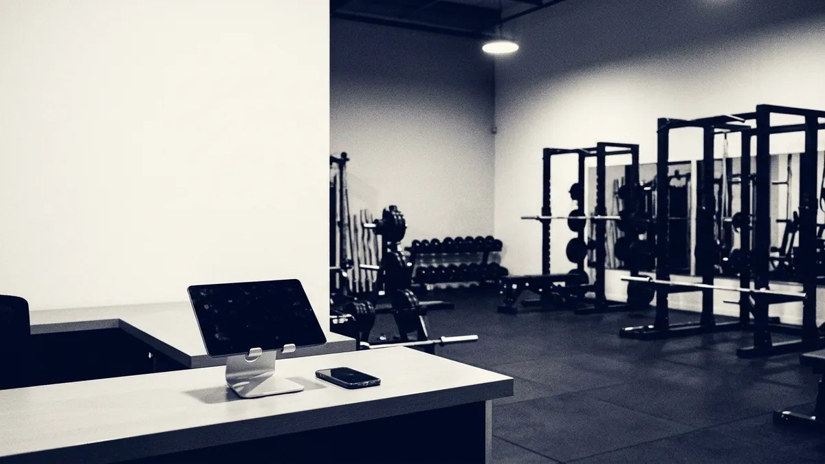 An unattended gym reception counter with a tablet and phone, weights floor behind