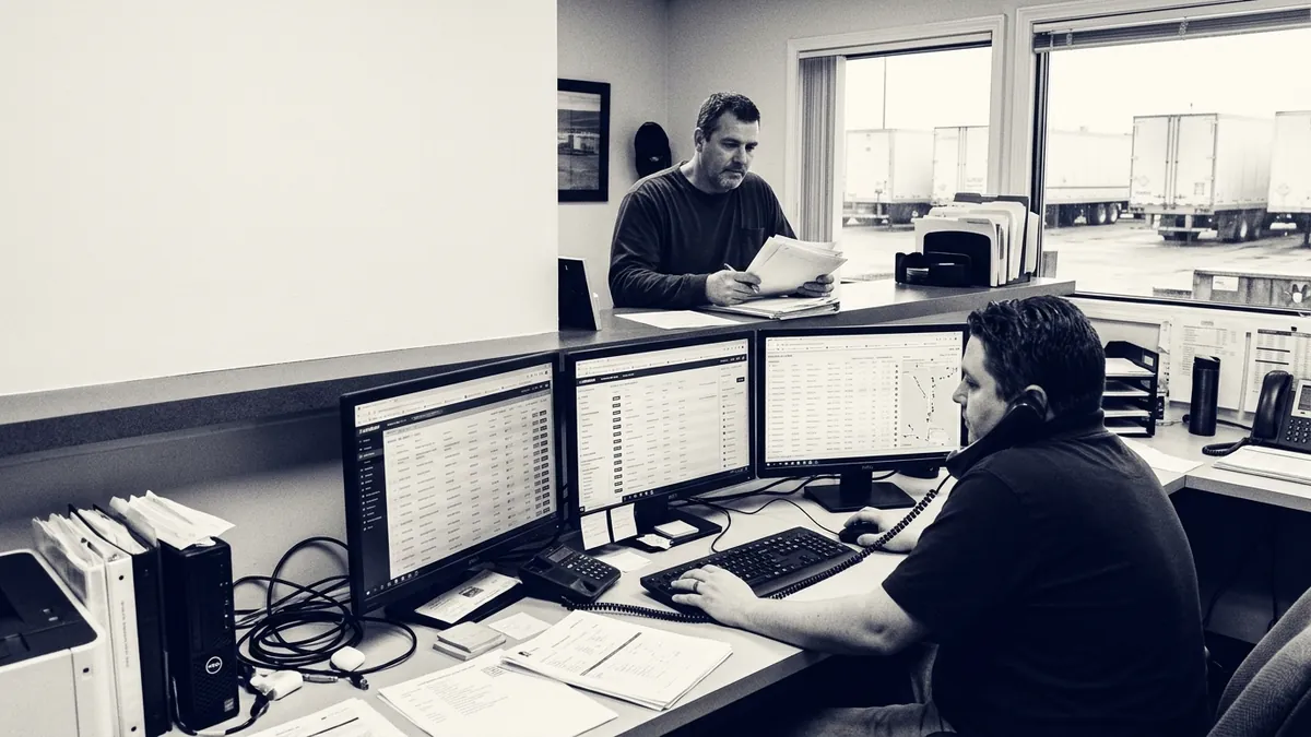 A dispatcher on the phone at a three-monitor desk with a driver waiting at the counter