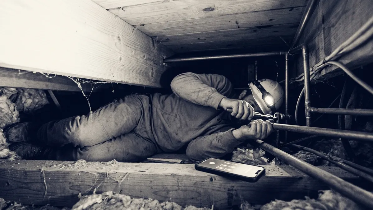 A plumber working in a crawl space with a phone showing an incoming call beside him