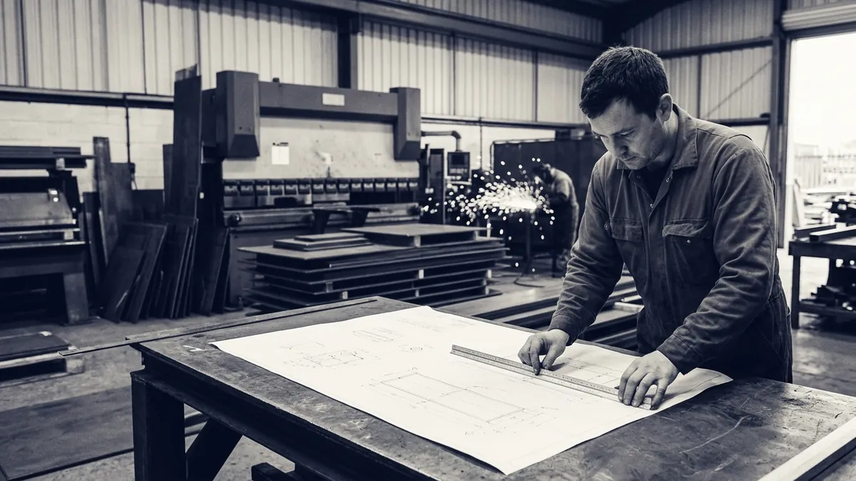 A production engineer reviewing a drawing beside machinery on a workshop floor