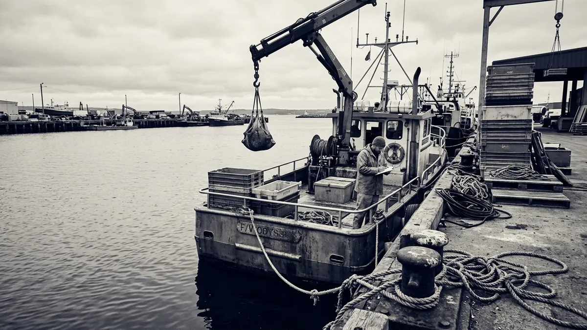 A vessel operator completing catch documentation at a quayside office