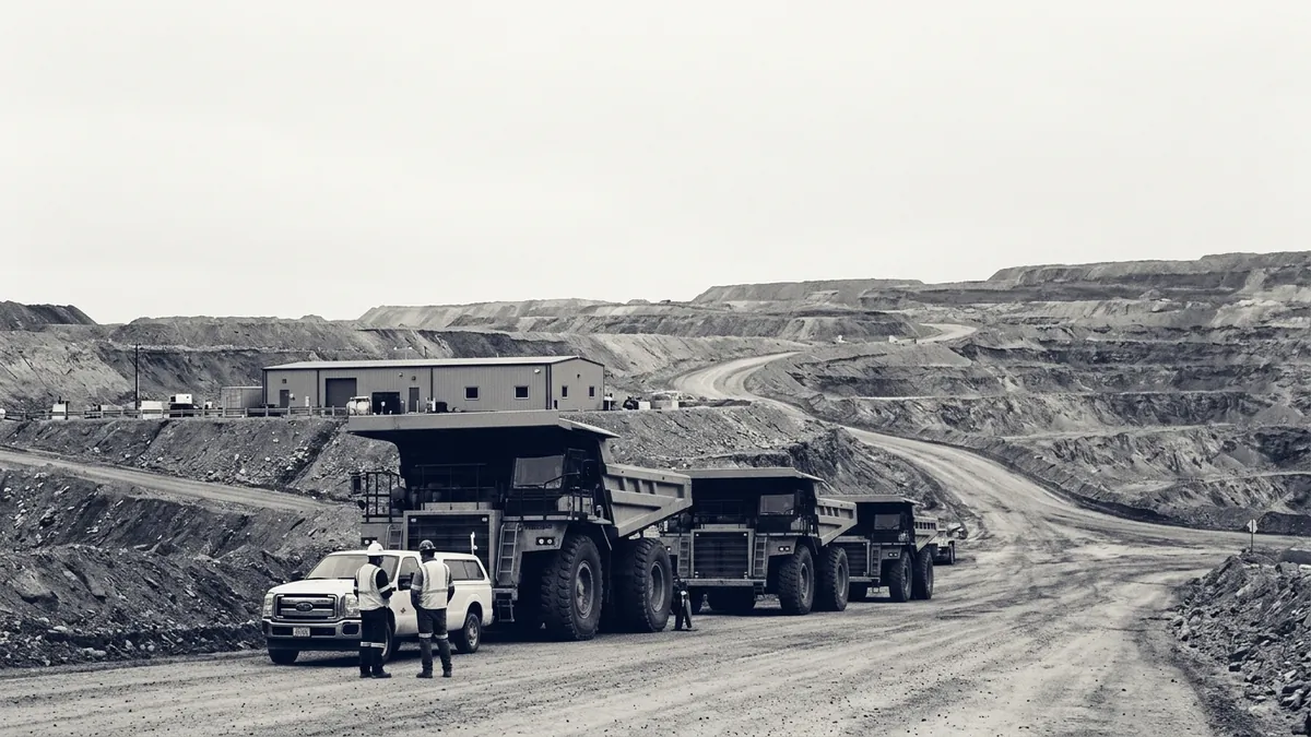 Haul trucks and two supervisors in high-visibility gear beside a site office at an open-pit mine