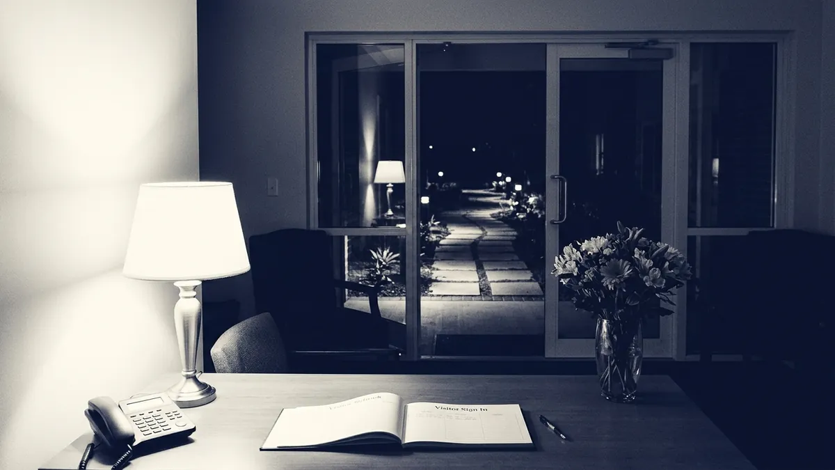 A senior living reception desk at night with a visitor sign-in book and desk lamp