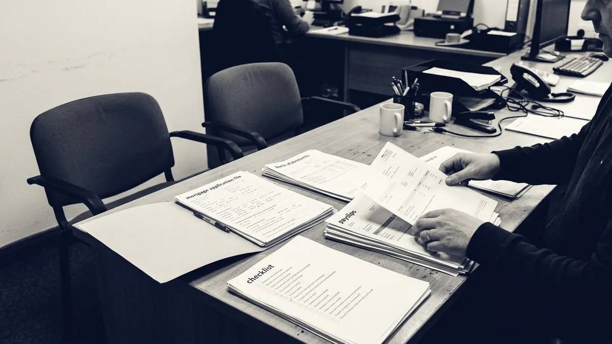 An adviser assembling client documents at a desk with monitors and a file rack
