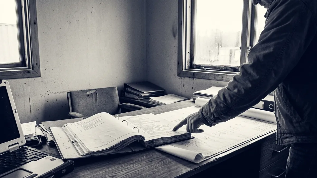 A hand tracing a specification section in a folder open on a site office desk beside drawings