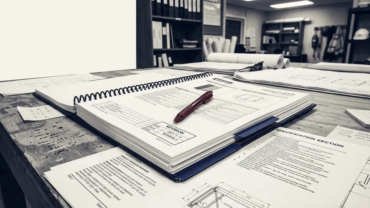 A submittal product data sheet with a revision stamp, open on a desk over specification pages